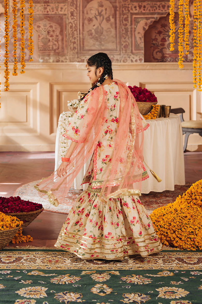 Hummingbirdspk - Rashk-e-Chaman - Floral Print Embellished Gharara Set 4 Piece