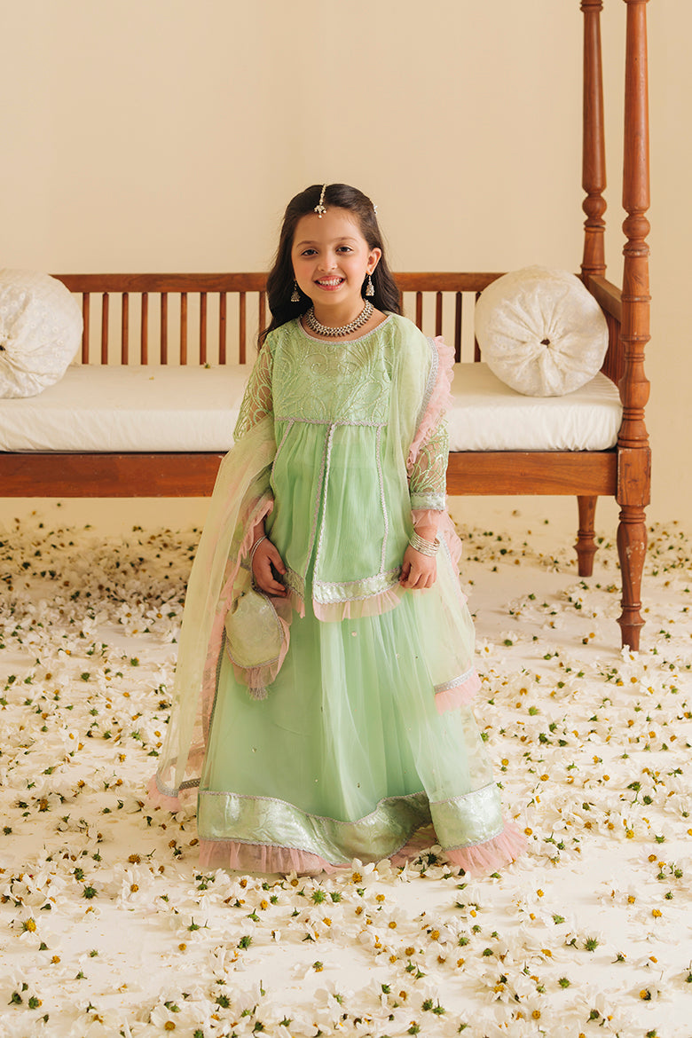 Hummingbirdspk - Zinnia Mint &amp; Peach Lengha Set 4 Piece