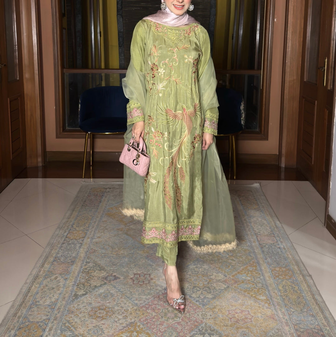 Ombrella - Verdant blossom pastel Raw Silk Suit For Women - 3 Piece