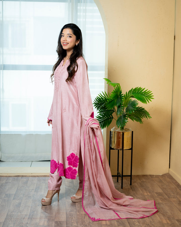 Urooj Atelier - Raw Silk Suit For Women - Blush Pink - 3 Piece - Studio by TCS