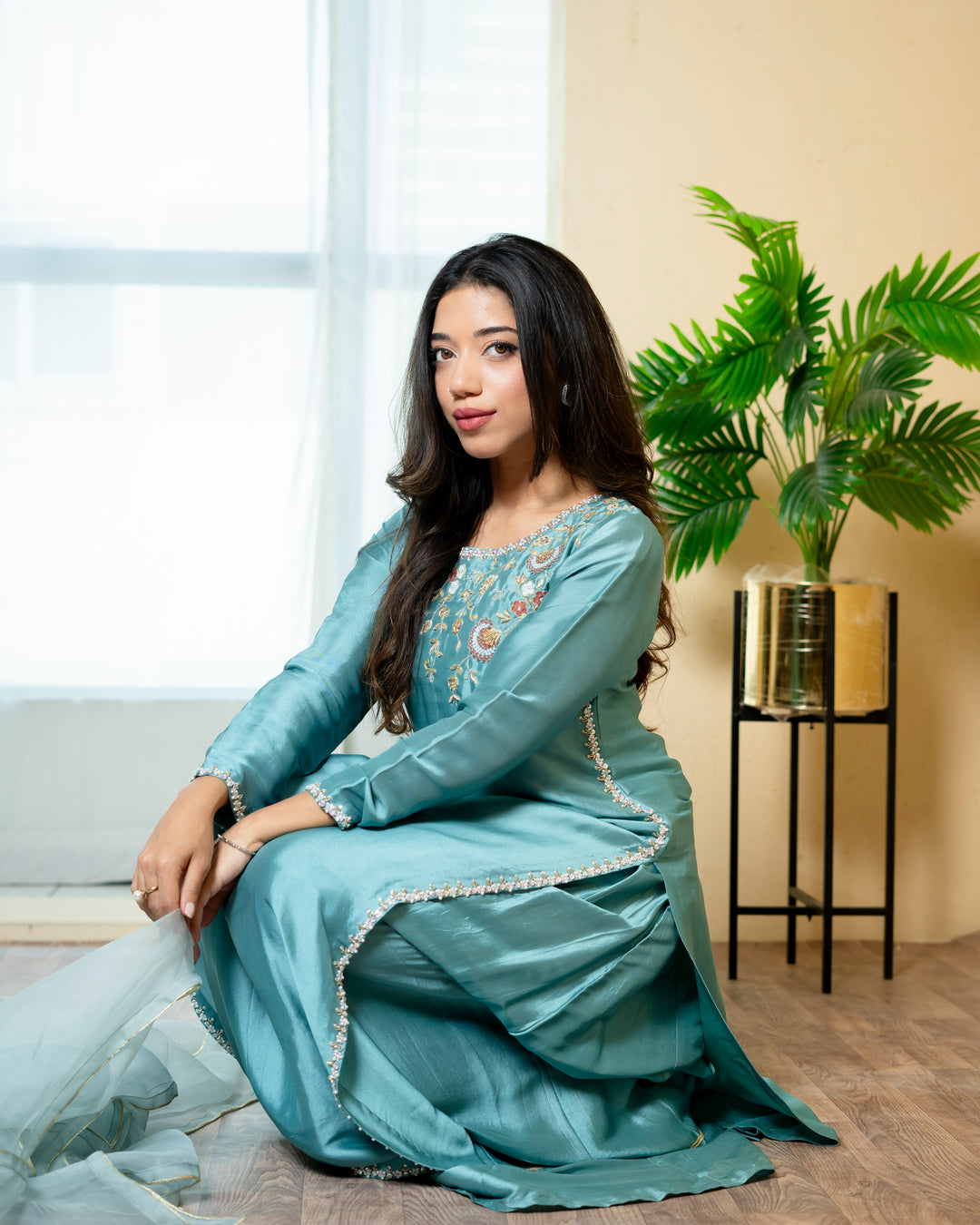 Urooj Atelier - Sheesha Silk Suit For Women - Sea Green - 3 Piece - Studio by TCS
