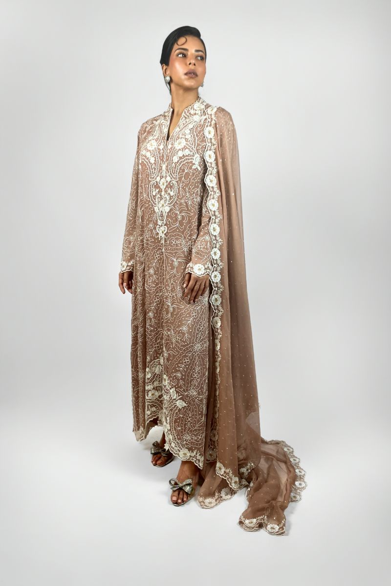 Maheen Khan - FLORA CHANTILLY DUPATTA - Silk Chiffon - Tea Pink - 1 Piece