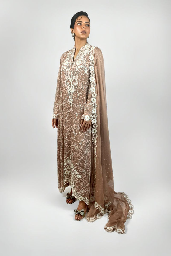 Maheen Khan - FLORA CHANTILLY DUPATTA - Silk Chiffon - Tea Pink - 1 Piece