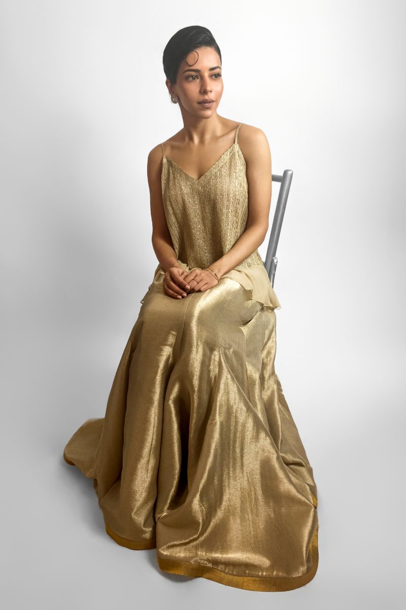 Maheen Khan - SEREINE LEHENGA - Mysori Silk - Silver Gold - 1 Piece