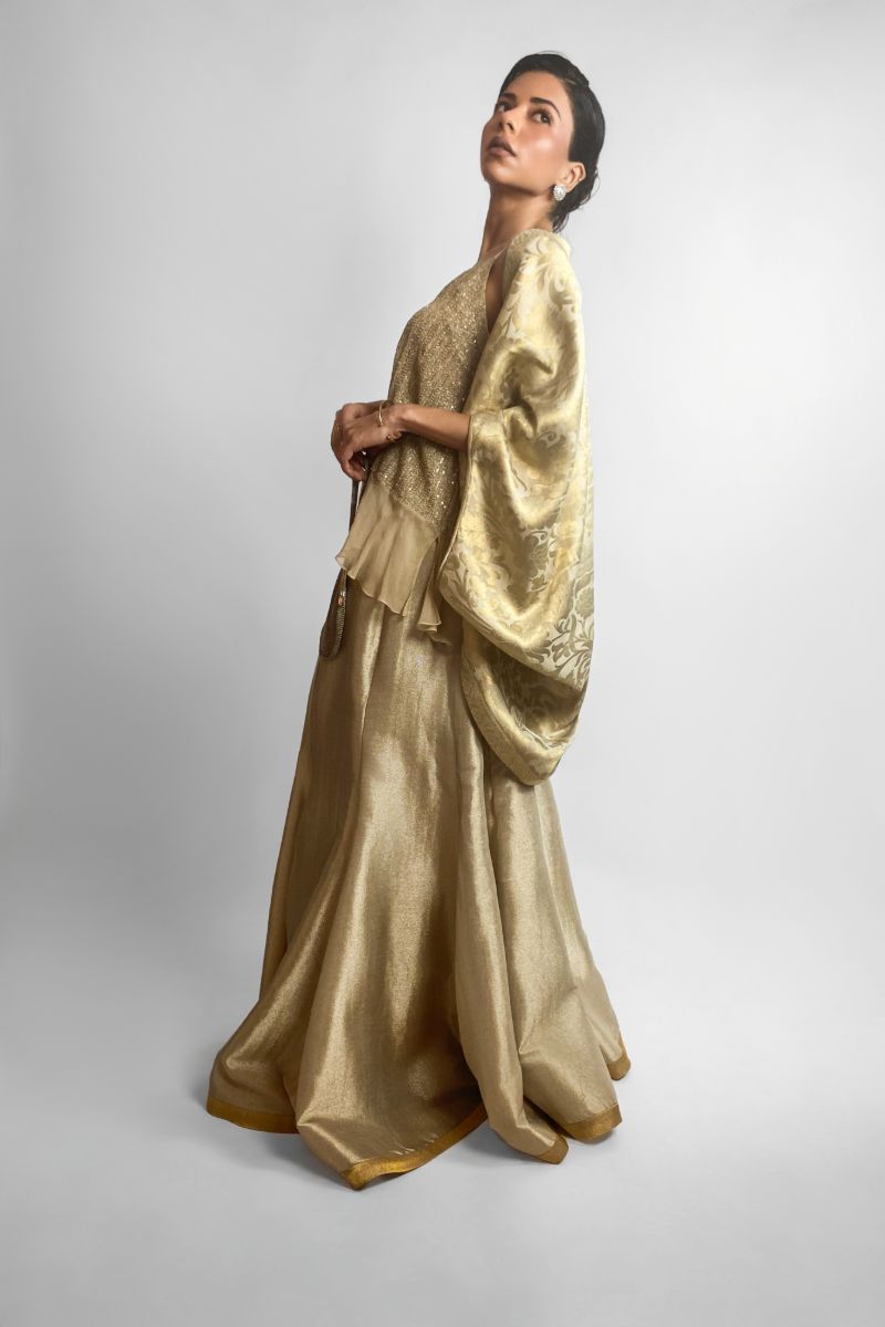 Maheen Khan - FLORAL BROCADE CAPE - Silk Brocade - Silver Gold - 1 Piece