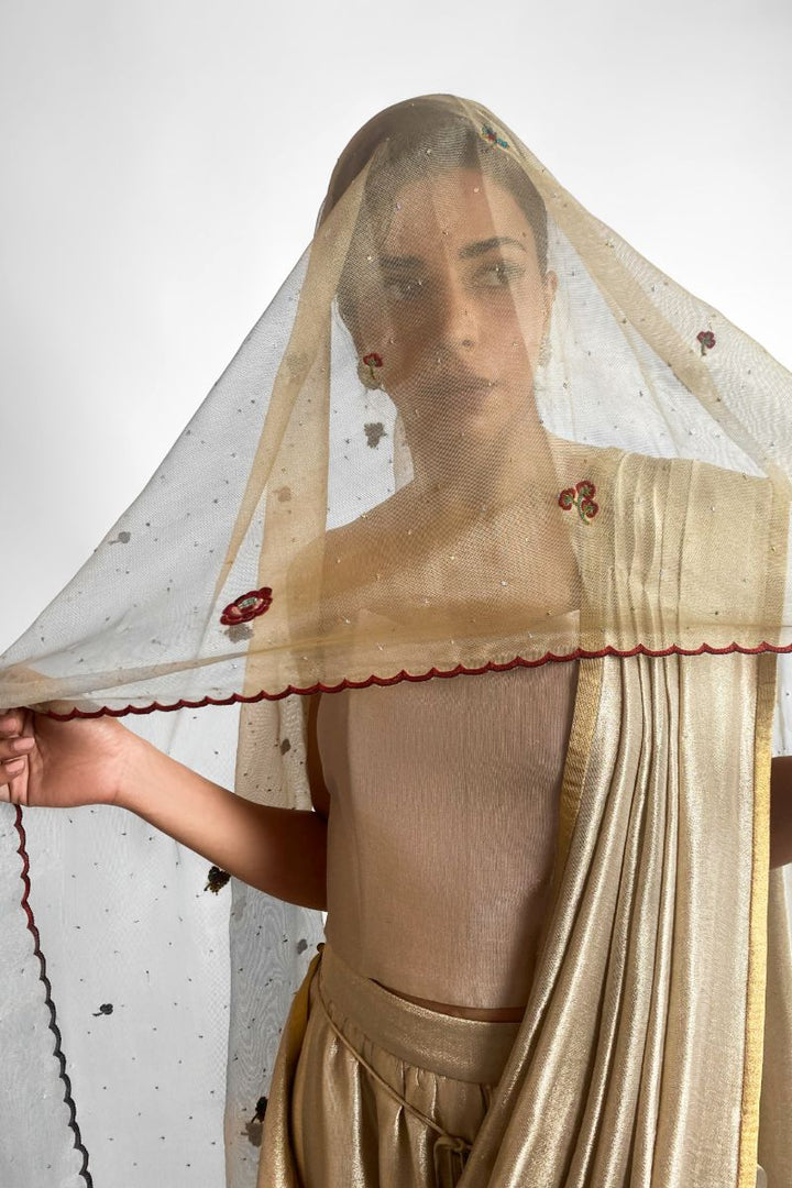 Maheen Khan - NAIRA DUPATTA - Silk Net - Gold Maroon - 1 Piece