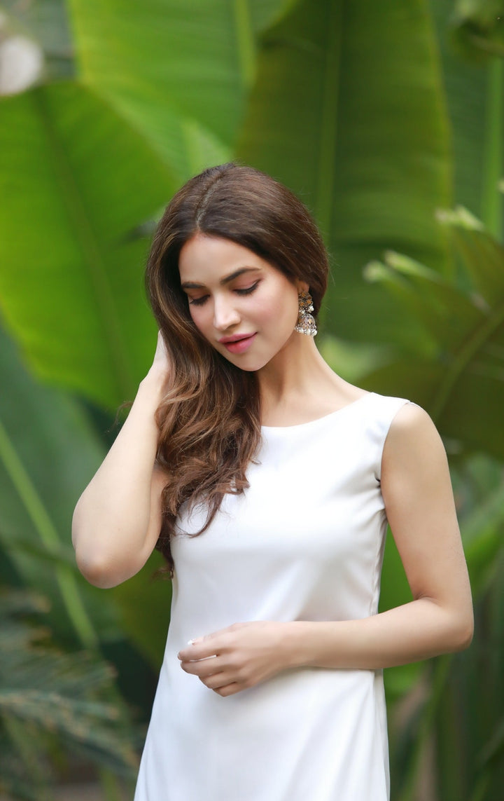 Syah - Diagonal Cut Long Shirt With Trouser - White - Crepe - 2 Piece