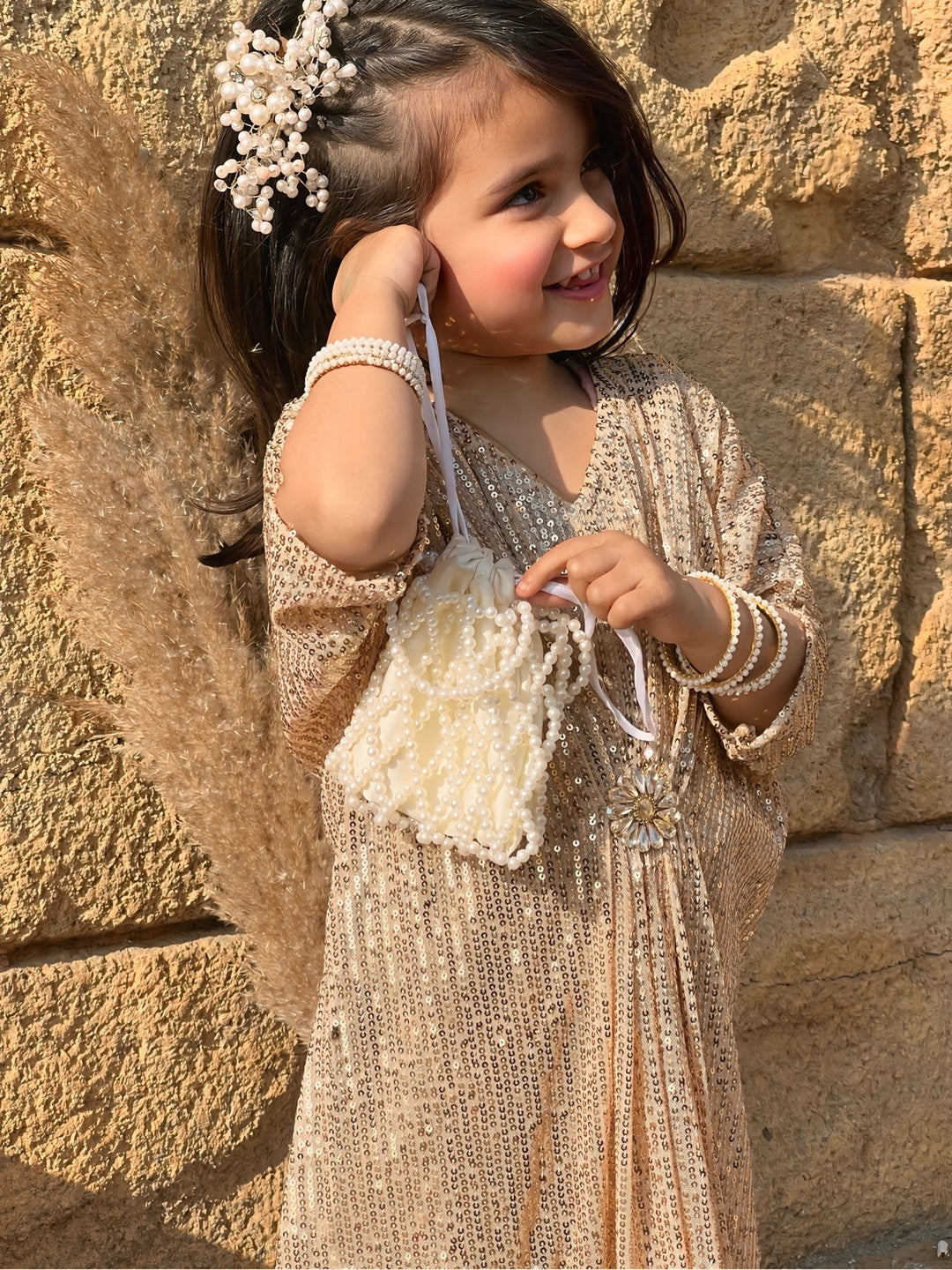 Mom4Little - Sequin Kaftan with Crystal Brooch For Girl - Raw Silk  - Soft Gold  - 3 Piece