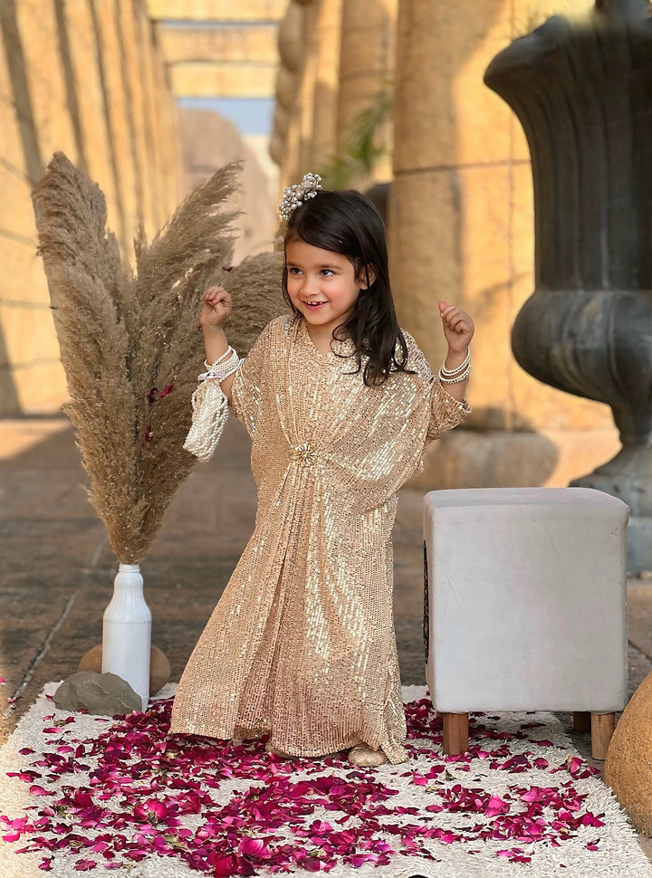 Mom4Little - Sequin Kaftan with Crystal Brooch For Girl - Raw Silk  - Soft Gold  - 3 Piece