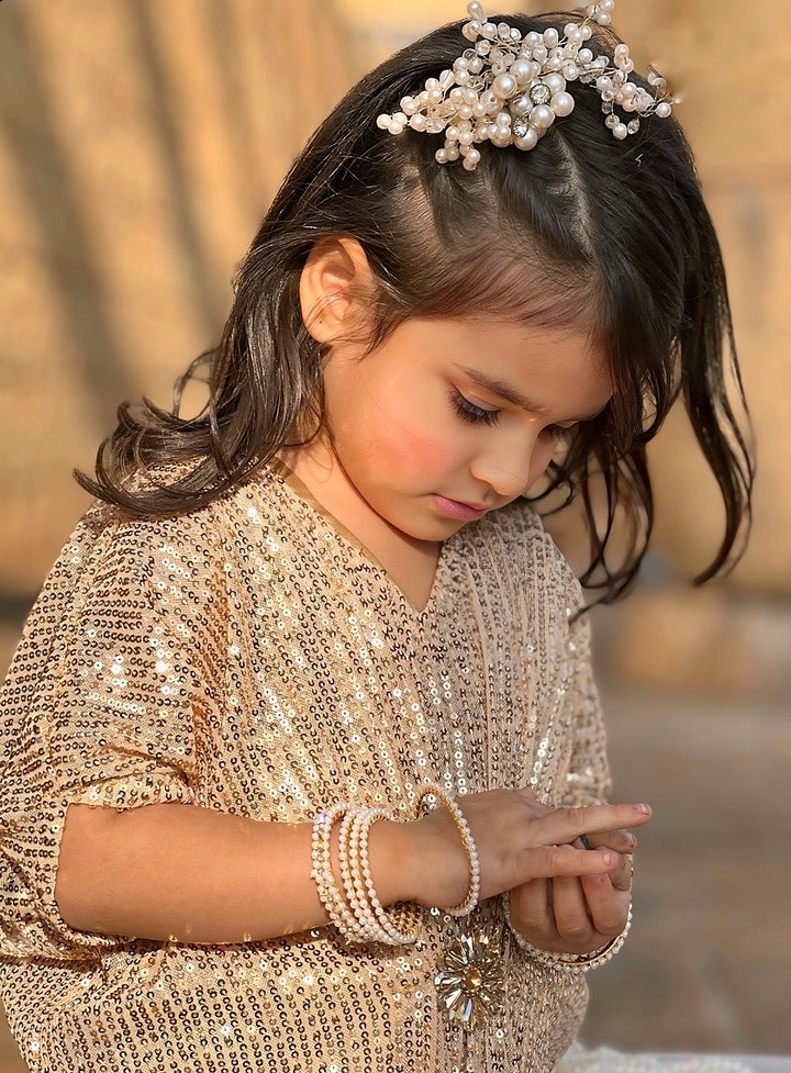 Mom4Little - Sequin Kaftan with Crystal Brooch For Girl - Raw Silk  - Soft Gold  - 3 Piece