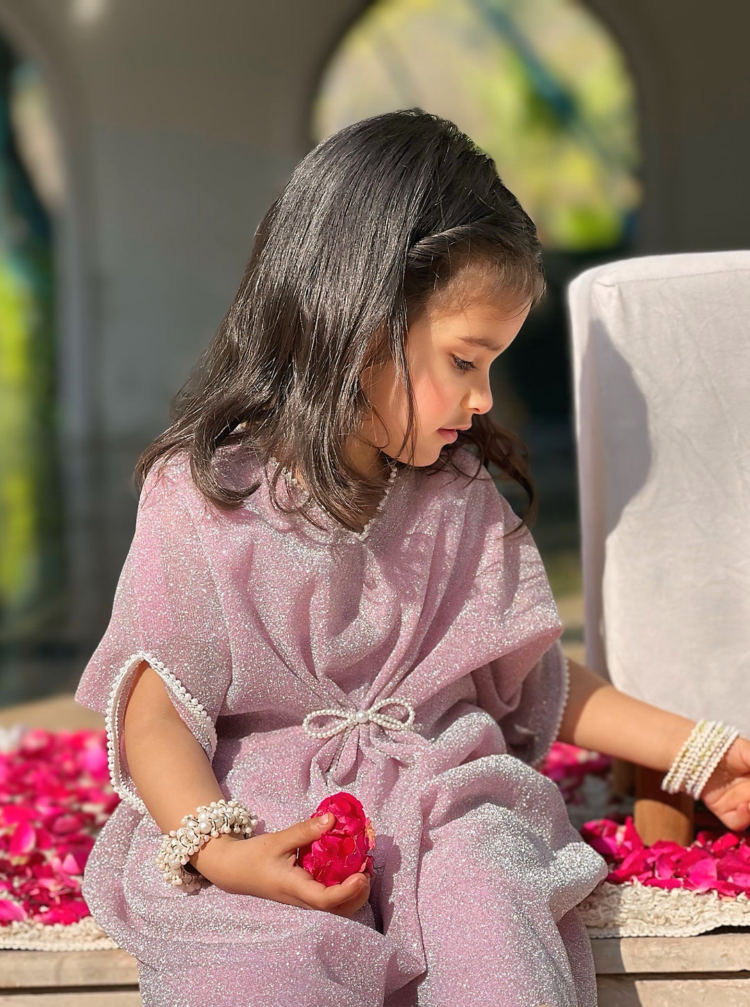 Mom4Little - Moonlight Bow Style Kaftan For Girl - Raw Silk - Pink Shimmer - 3 Piece