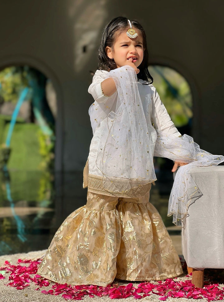 Mom4Little - Organza Floral Gharara For Girl - White - 3 Piece