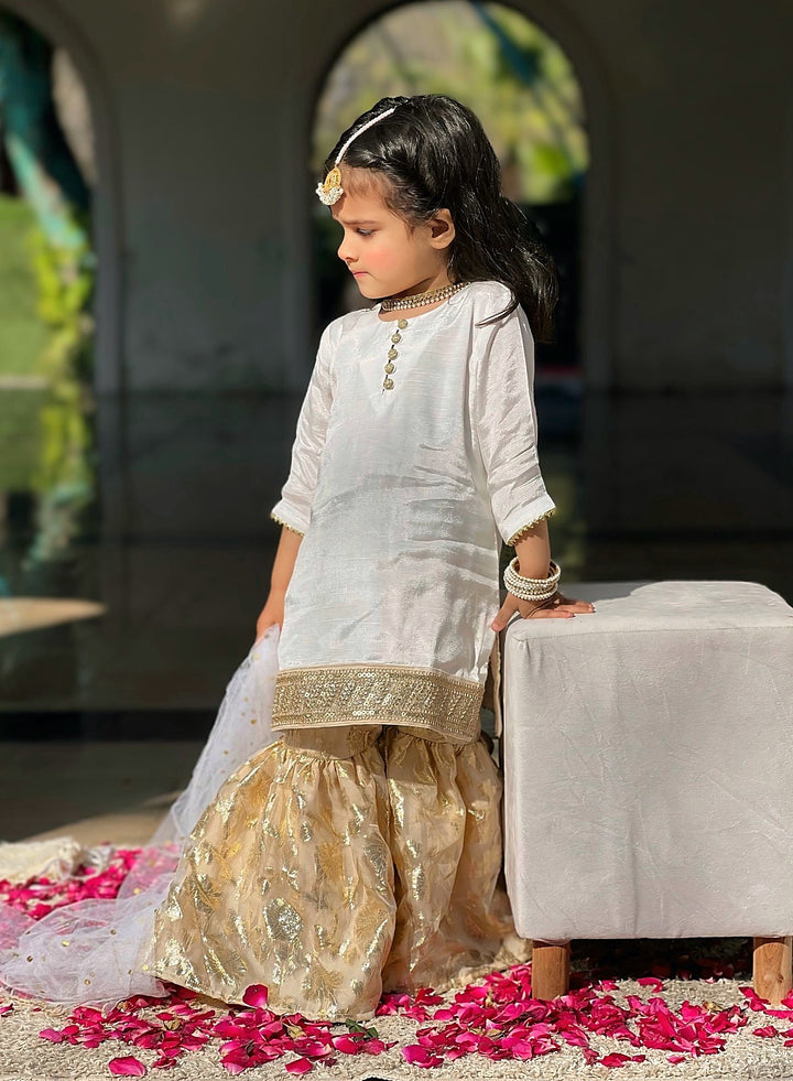 Mom4Little - Organza Floral Gharara For Girl - White - 3 Piece