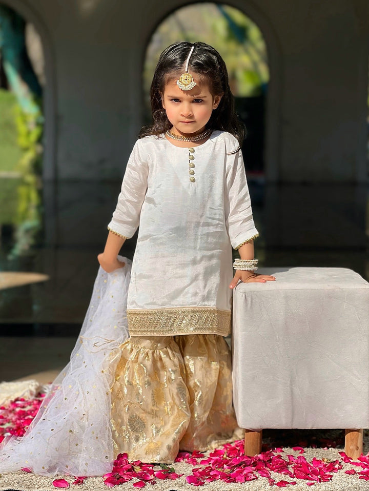 Mom4Little - Organza Floral Gharara For Girl - White - 3 Piece
