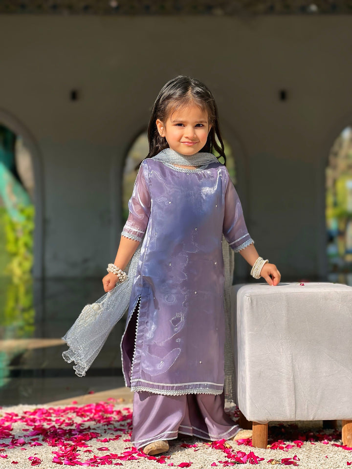 Mom4Little - Lavendar Lava Silk and Net Suit For Girl - 3 Piece