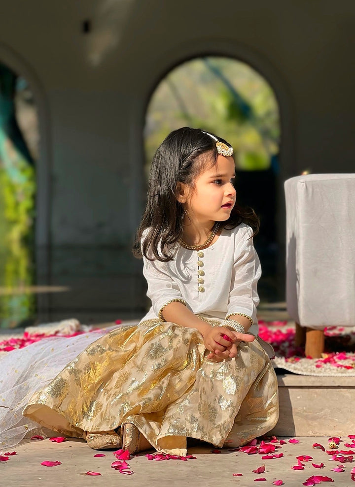 Mom4Little - Organza Floral Gharara For Girl - White - 3 Piece