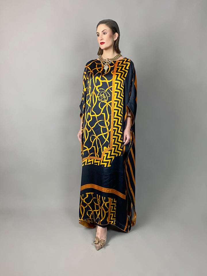 Maheen Khan - Rose Scarf Kaftan - BLACK GOLD - Blended Silk - 1 Piece