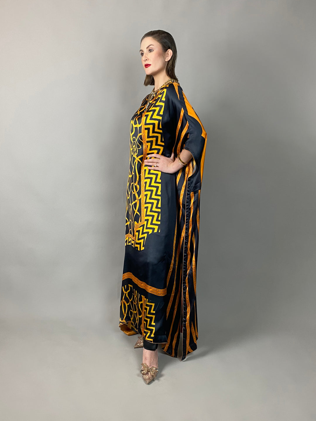 Maheen Khan - Rose Scarf Kaftan - BLACK GOLD - Blended Silk - 1 Piece
