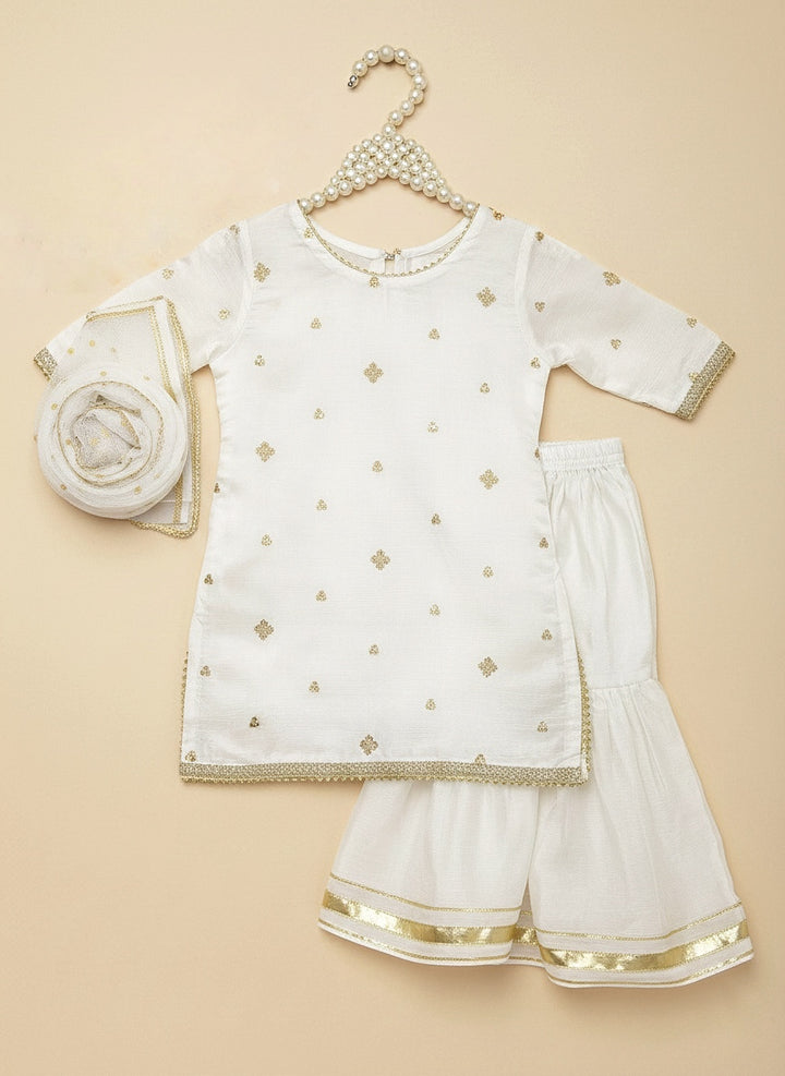 Mom4Little - Zari Boti Shirt Net Gharara For Girl - white  - 3 Piece