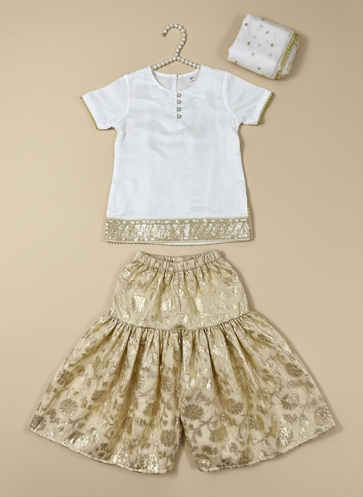 Mom4Little - Organza Floral Gharara For Girl - White - 3 Piece