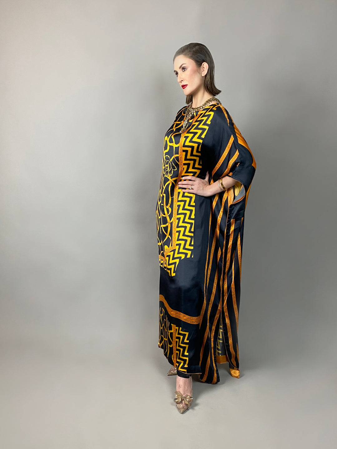 Maheen Khan - Rose Scarf Kaftan - BLACK GOLD - Blended Silk - 1 Piece
