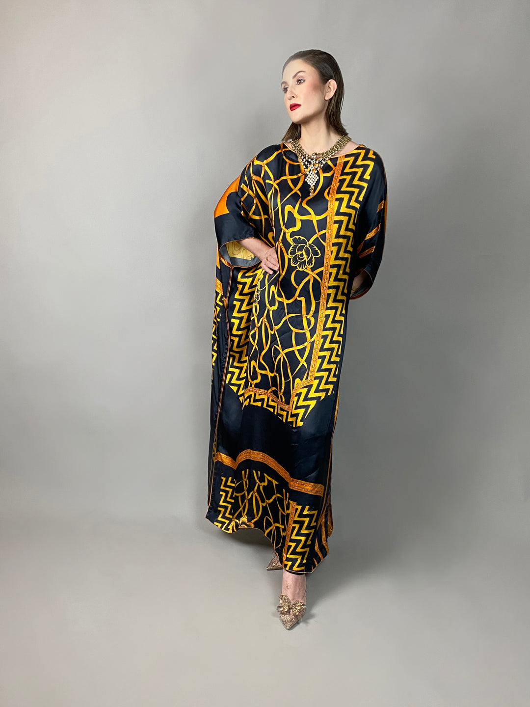 Maheen Khan - Rose Scarf Kaftan - BLACK GOLD - Blended Silk - 1 Piece