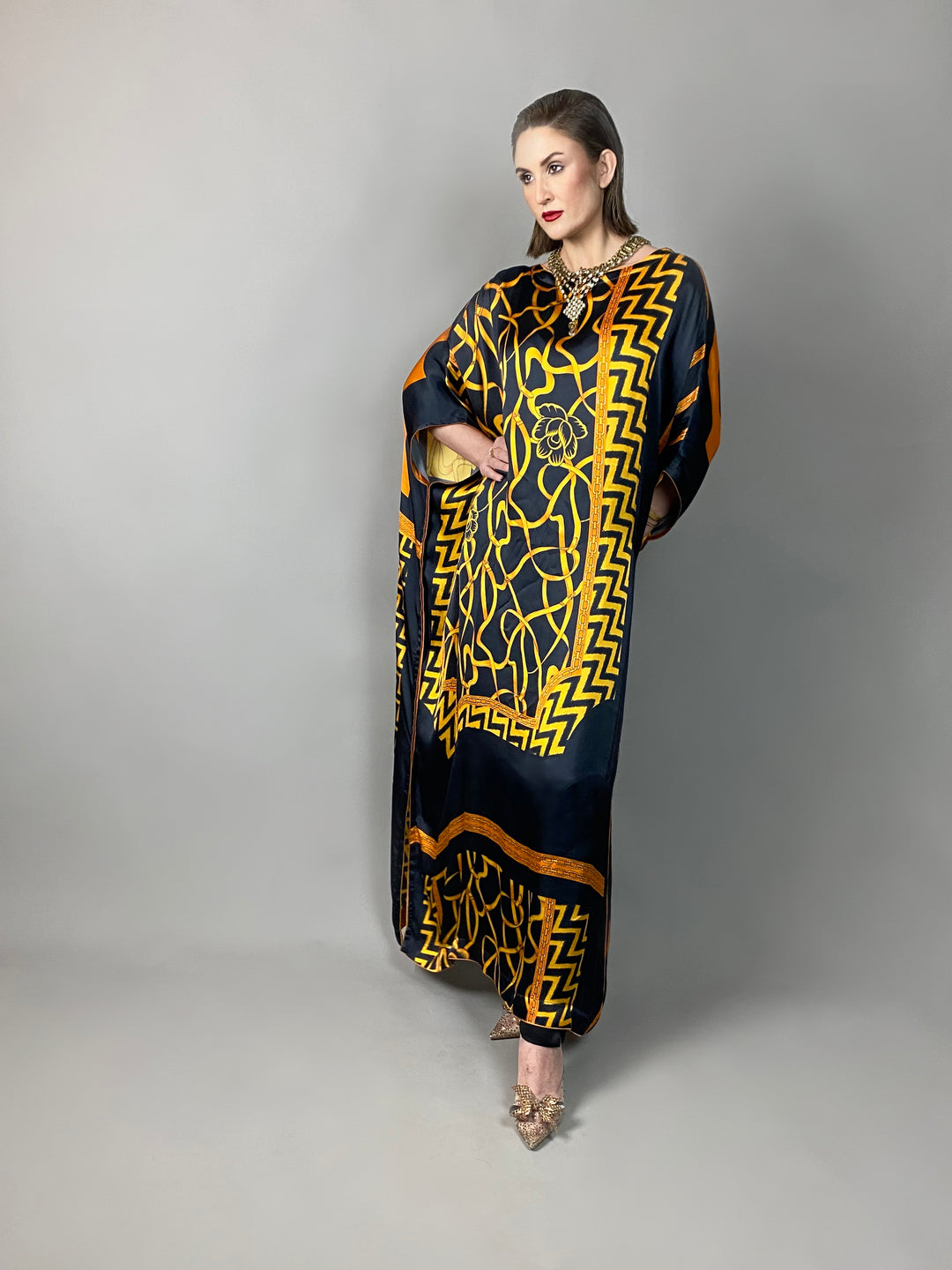 Maheen Khan - Rose Scarf Kaftan - BLACK GOLD - Blended Silk - 1 Piece
