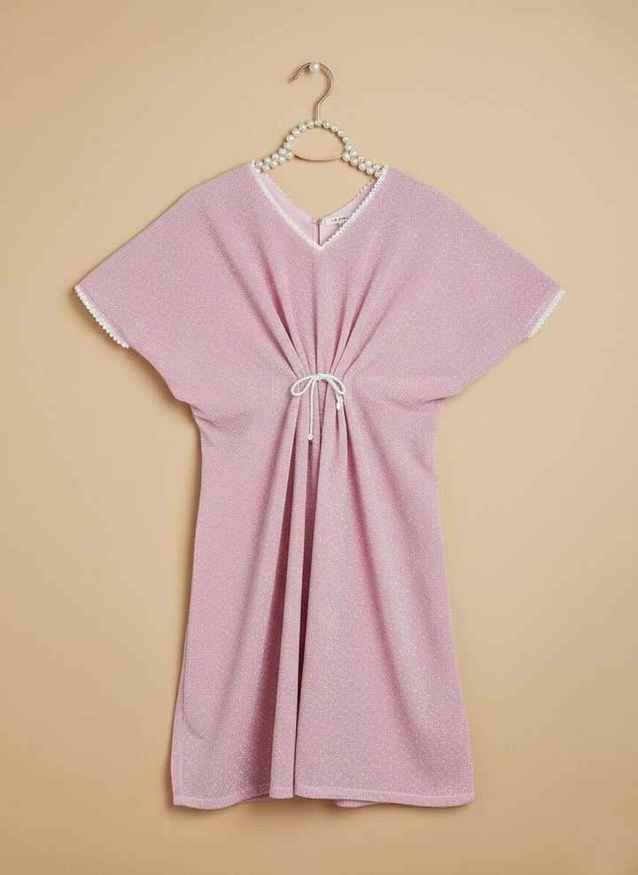 Mom4Little - Moonlight Bow Style Kaftan For Girl - Raw Silk - Pink Shimmer - 3 Piece