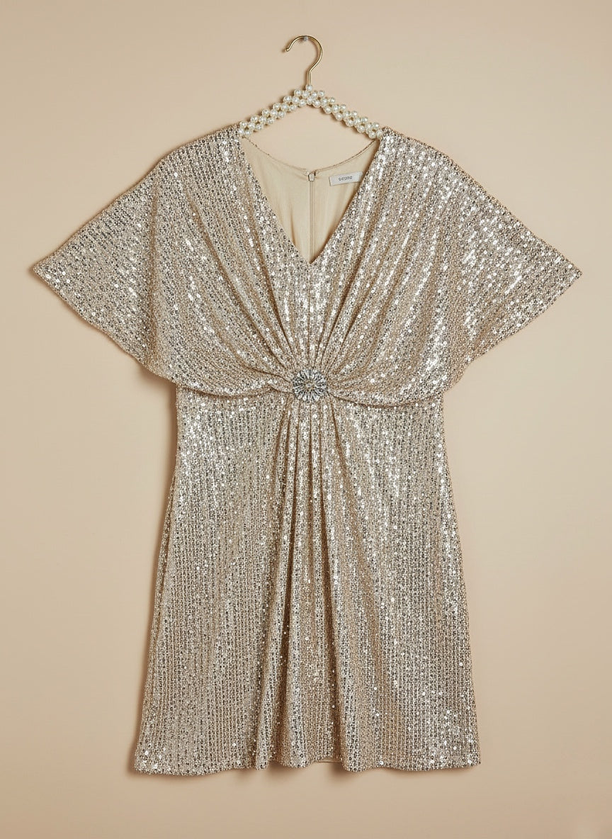 Mom4Little - Sequin Kaftan with Crystal Brooch For Girl - Raw Silk  - Soft Gold  - 3 Piece