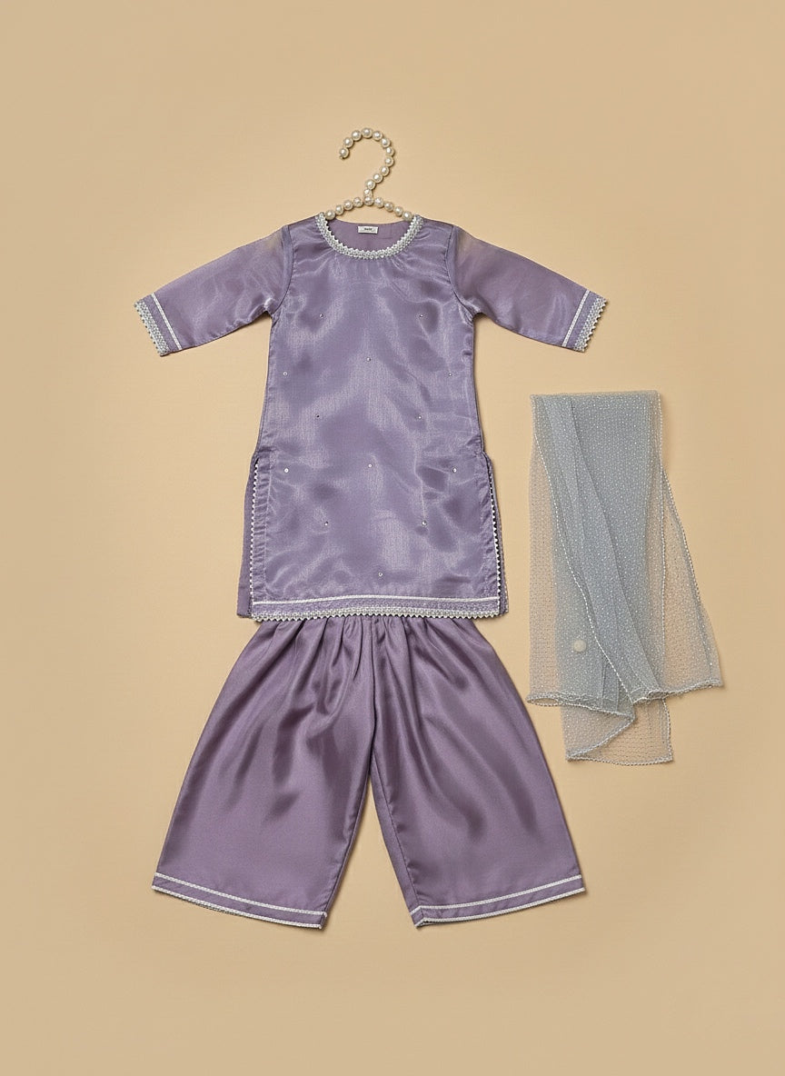 Mom4Little - Lavendar Lava Silk and Net Suit For Girl - 3 Piece