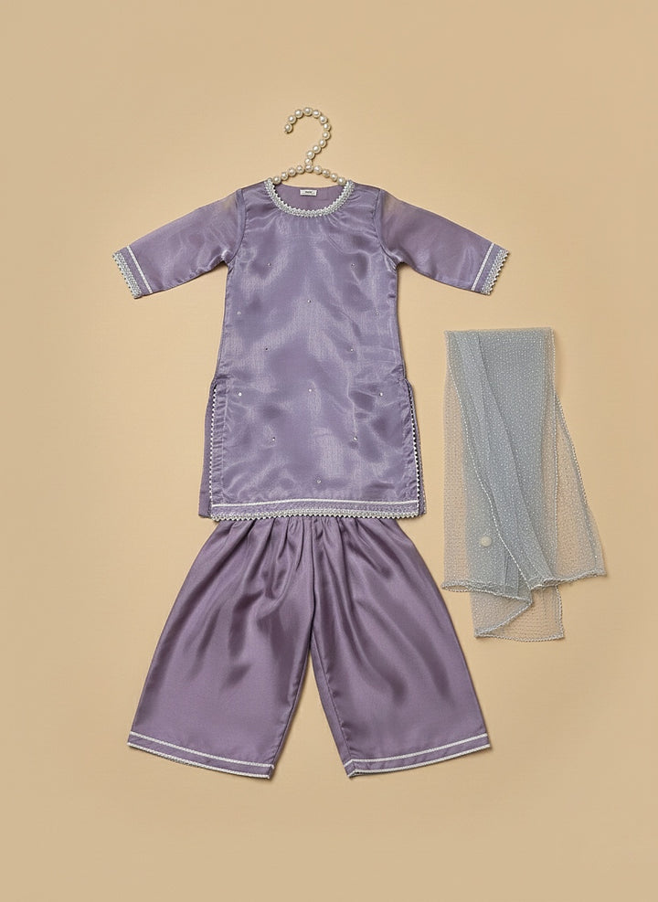 Mom4Little - Lavendar Lava Silk and Net Suit For Girl - 3 Piece