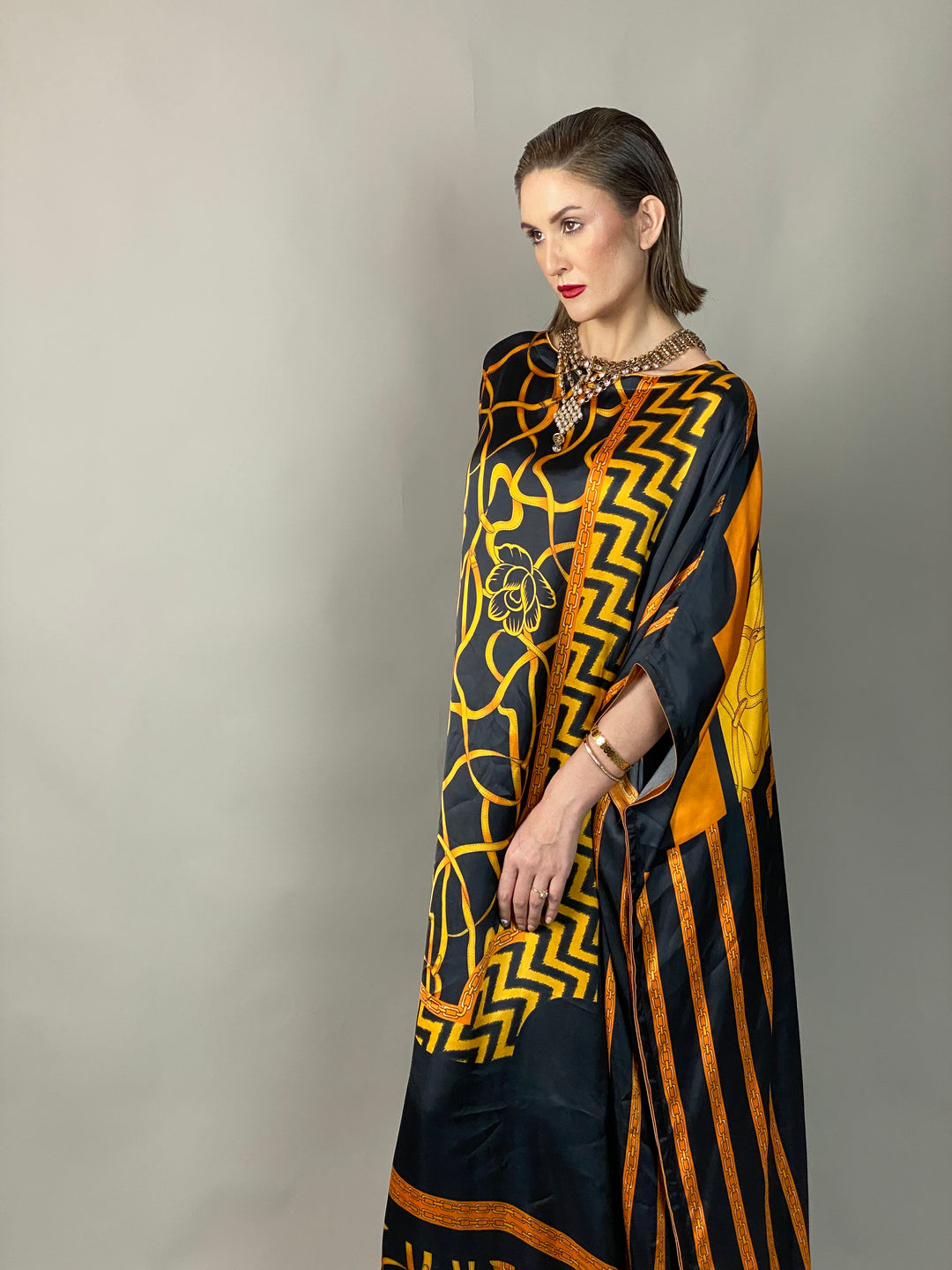Maheen Khan - Rose Scarf Kaftan - BLACK GOLD - Blended Silk - 1 Piece