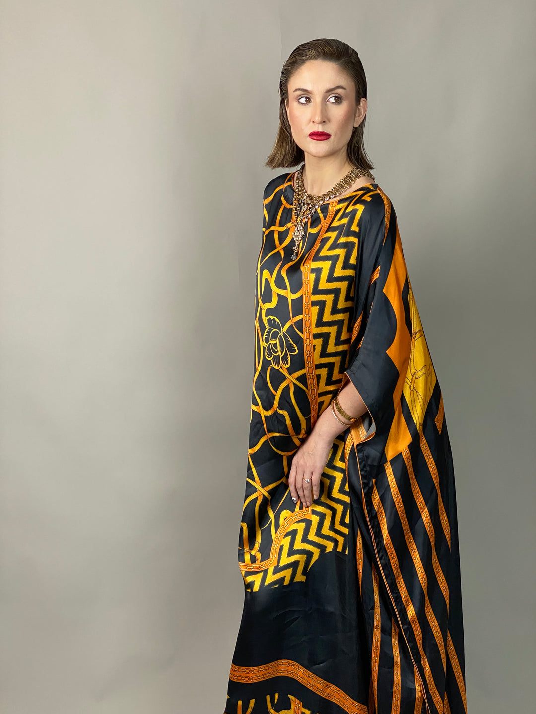 Maheen Khan - Rose Scarf Kaftan - BLACK GOLD - Blended Silk - 1 Piece