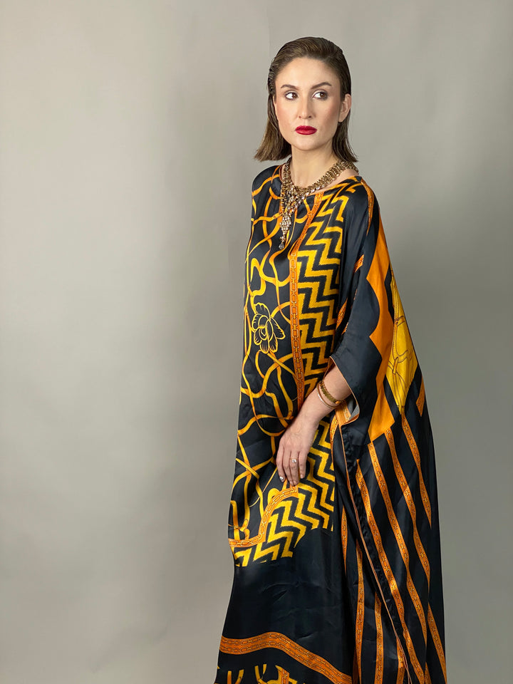 Maheen Khan - Rose Scarf Kaftan - BLACK GOLD - Blended Silk - 1 Piece