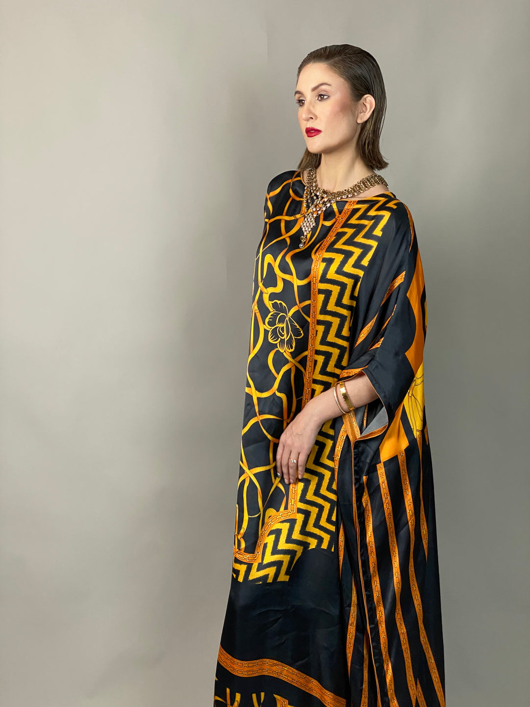 Maheen Khan - Rose Scarf Kaftan - BLACK GOLD - Blended Silk - 1 Piece