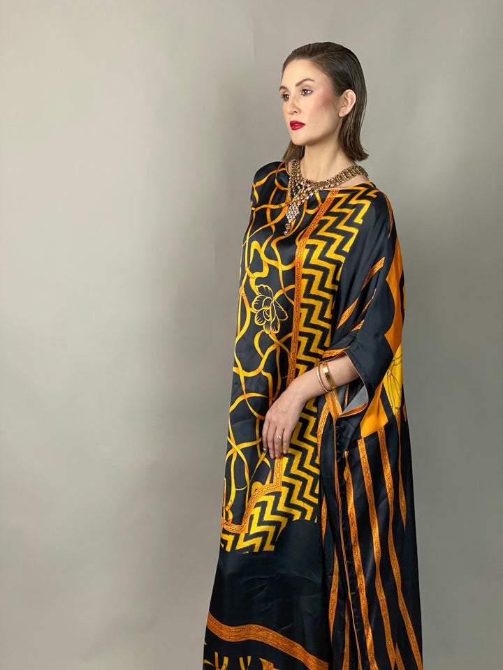 Maheen Khan - Rose Scarf Kaftan - BLACK GOLD - Blended Silk - 1 Piece