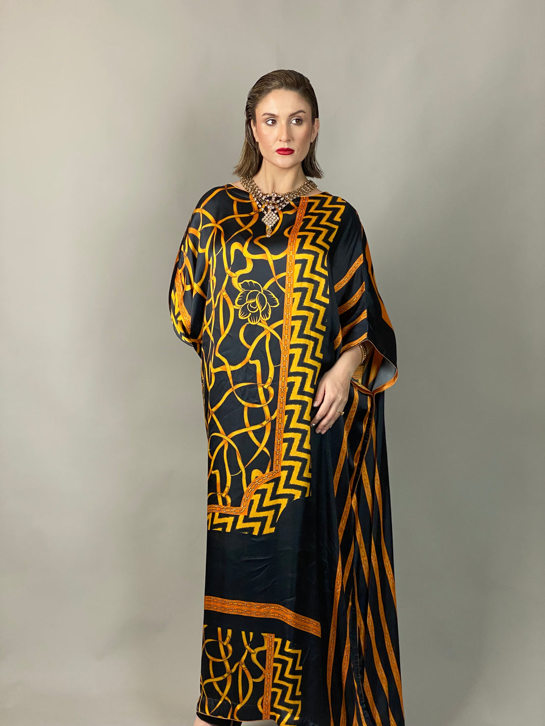Shop Maheen Khan - Rose Scarf Kaftan - BLACK GOLD - Blended Silk - 1 Piece | Studio by TCS Shop Maheen Khan - Rose Scarf Kaftan - BLACK GOLD - Blended Silk - 1 Piece | Studio by TCS