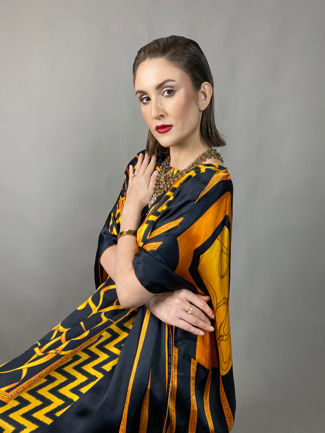 Maheen Khan - Rose Scarf Kaftan - BLACK GOLD - Blended Silk - 1 Piece