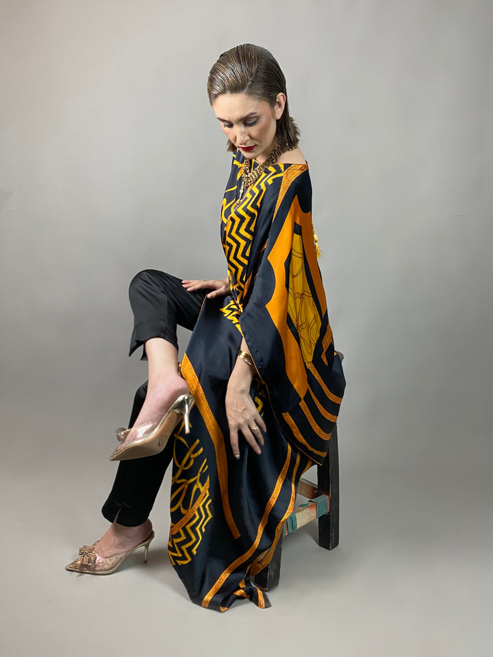 Maheen Khan - Rose Scarf Kaftan - BLACK GOLD - Blended Silk - 1 Piece