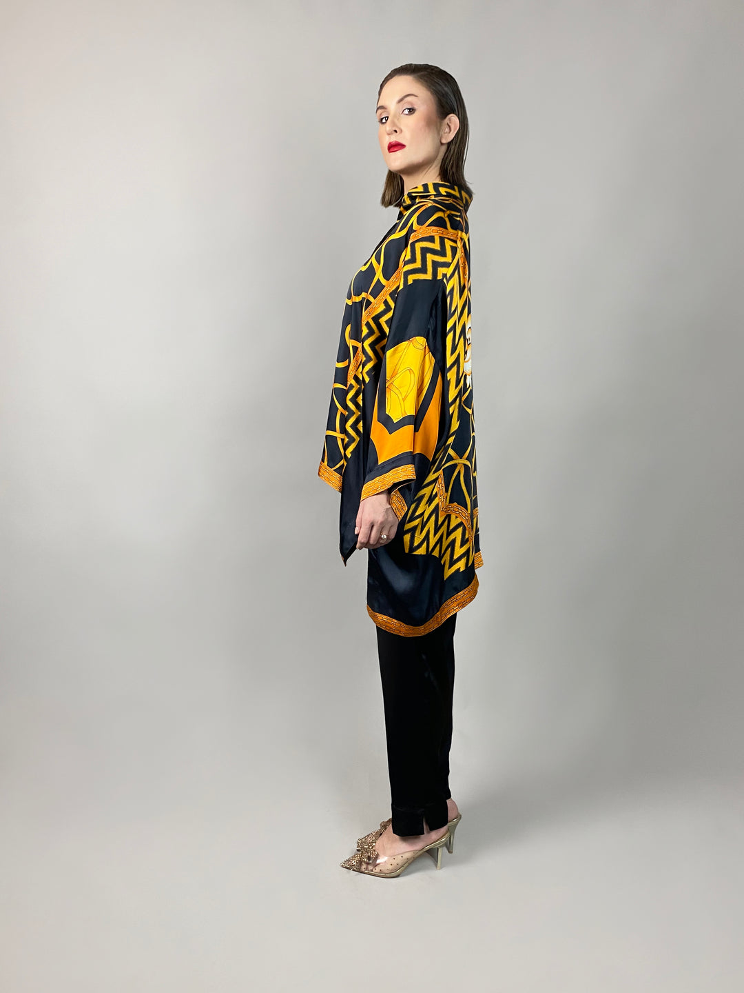 Maheen Khan - Rose Black Scarf Baggy Shirt - BLACK GOLD - Blended Silk - 1 Piece