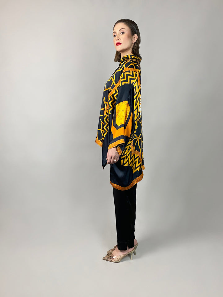 Maheen Khan - Rose Black Scarf Baggy Shirt - BLACK GOLD - Blended Silk - 1 Piece