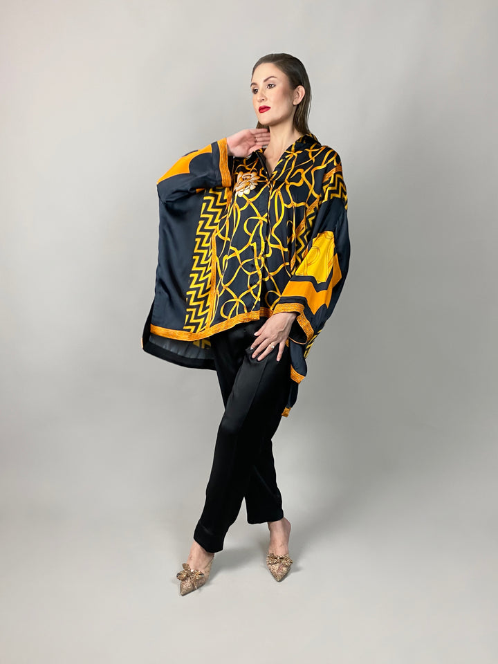 Maheen Khan - Rose Black Scarf Baggy Shirt - BLACK GOLD - Blended Silk - 1 Piece