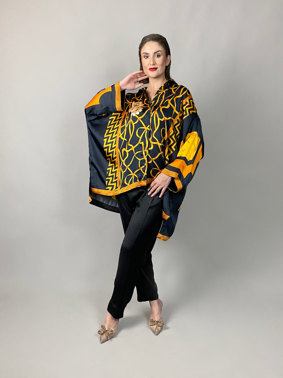 Maheen Khan - Rose Black Scarf Baggy Shirt - BLACK GOLD - Blended Silk - 1 Piece