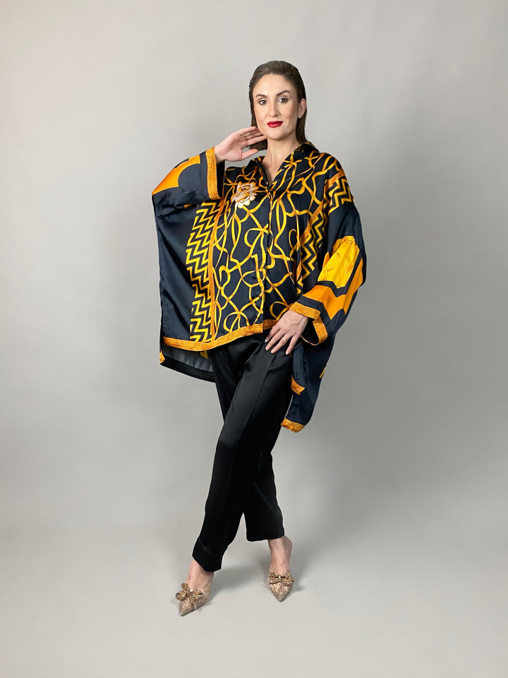Maheen Khan - Rose Black Scarf Baggy Shirt - BLACK GOLD - Blended Silk - 1 Piece