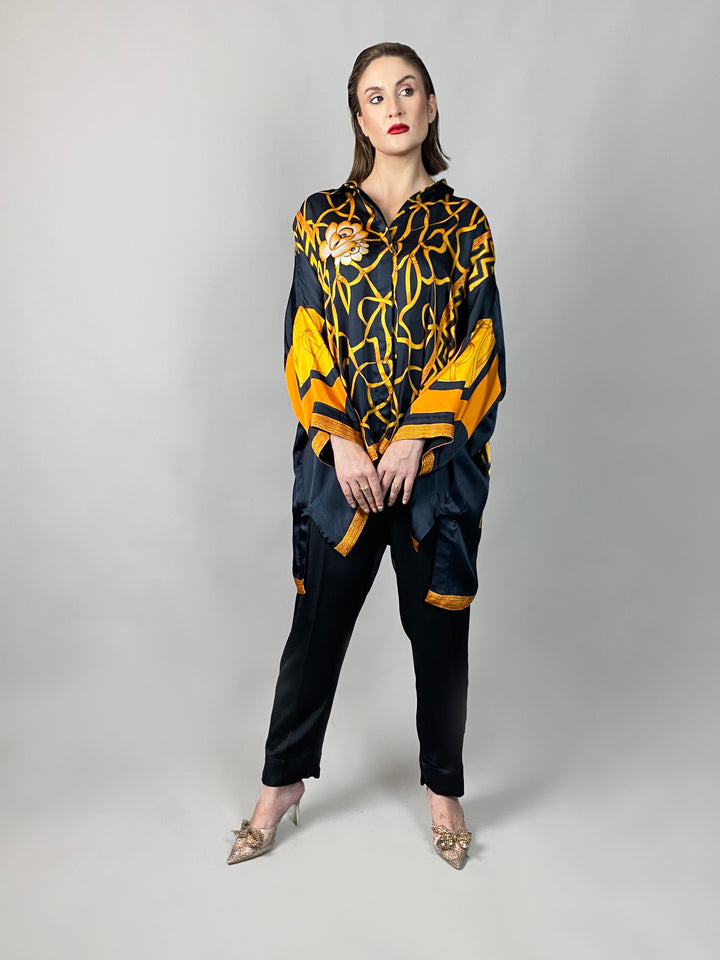 Maheen Khan - Rose Black Scarf Baggy Shirt - BLACK GOLD - Blended Silk - 1 Piece