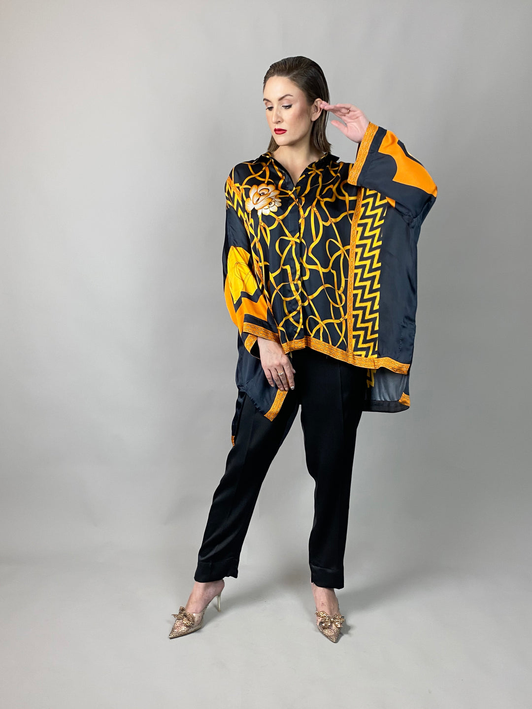 Maheen Khan - Rose Black Scarf Baggy Shirt - BLACK GOLD - Blended Silk - 1 Piece