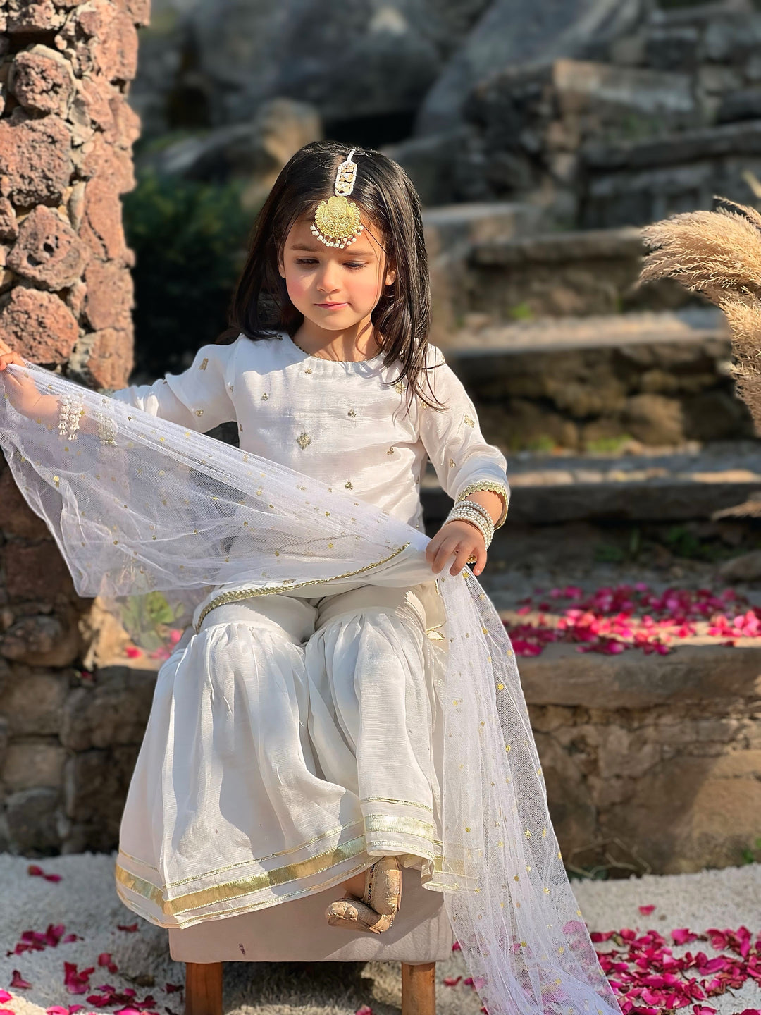 Mom4Little - Zari Boti Shirt Net Gharara For Girl - white  - 3 Piece