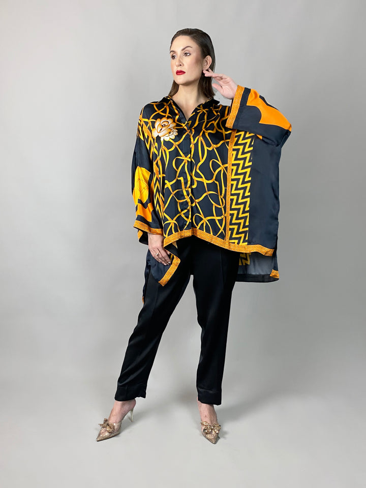 Maheen Khan - Rose Black Scarf Baggy Shirt - BLACK GOLD - Blended Silk - 1 Piece