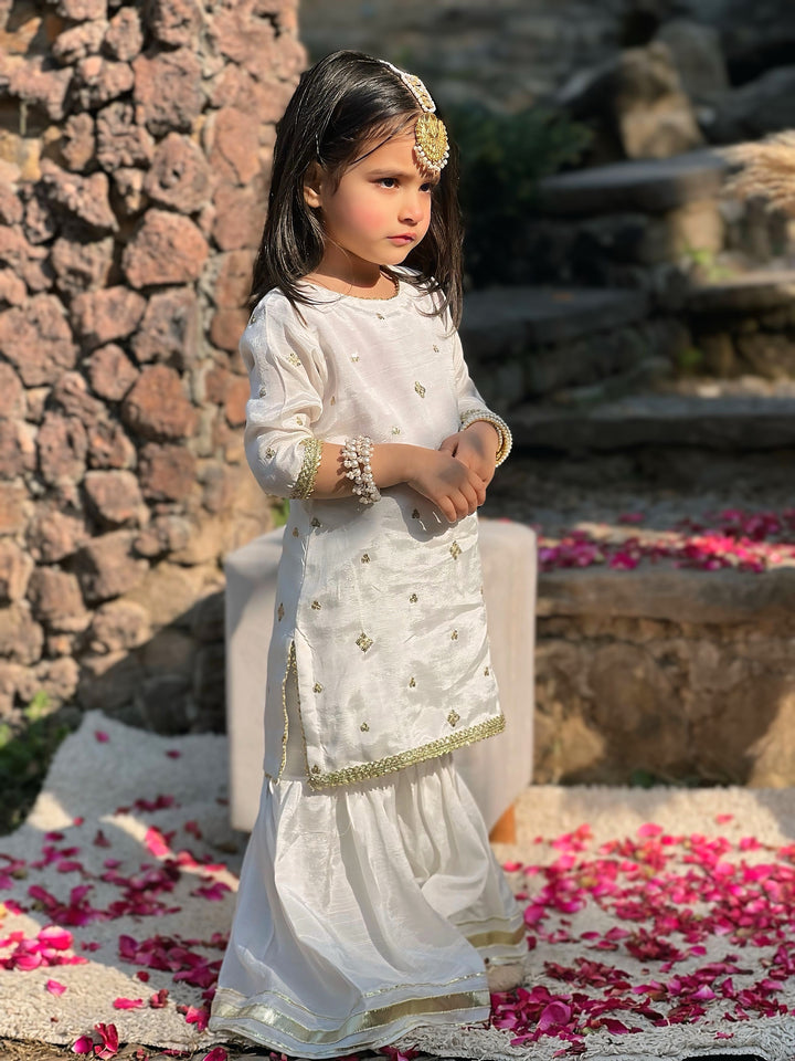 Mom4Little - Zari Boti Shirt Net Gharara For Girl - white  - 3 Piece