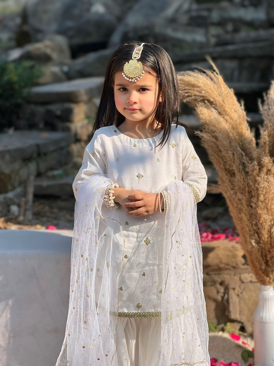 Mom4Little - Zari Boti Shirt Net Gharara For Girl - white  - 3 Piece
